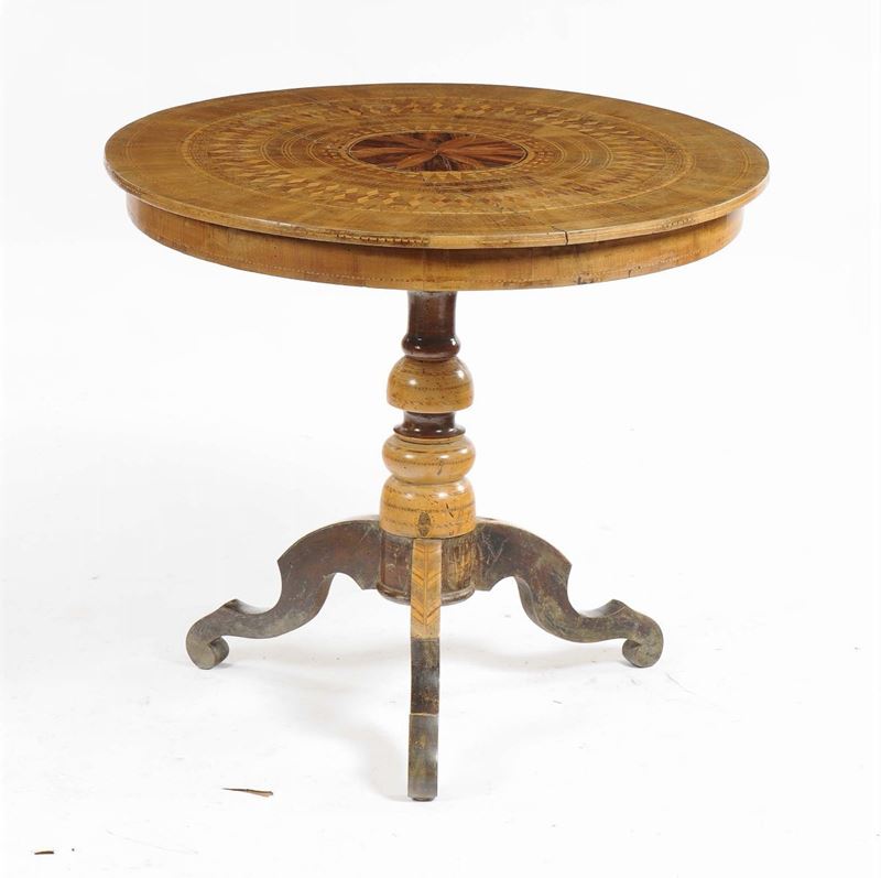 Tavolo con piano circolare lastronato ed intarsiato, Rolo XIX secolo  - Asta Antiquariato - Cambi Casa d'Aste