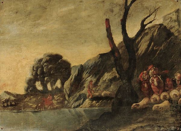 Antonio Travi detto il Sestri (Sestri Ponente 1608 - Genova 1665) Figure con armenti in un paesaggio Figure con armenti in un paesaggio
