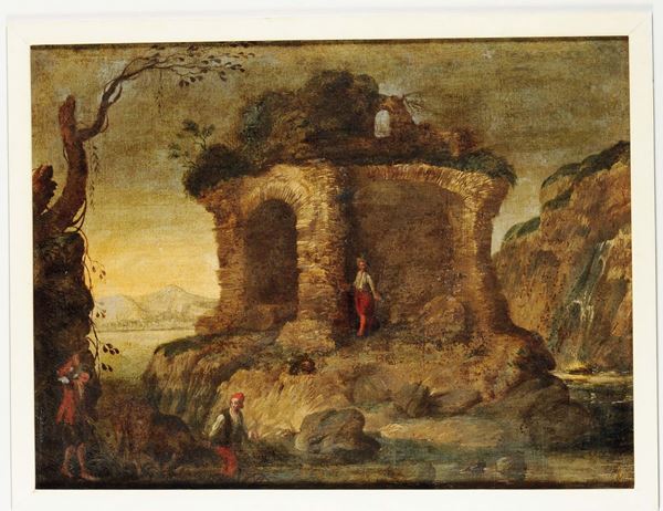 Antonio Travi, detto il Sestri (Genova 1608-1665) Veduta costiera con pescatori Paesaggio con torrione e figure
