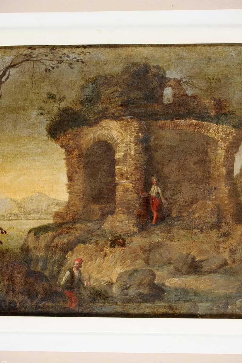Antonio Travi, Detto il Sestri (genova 1608-1665)veduta Costiera con Pescatori Paesaggio con Torr...