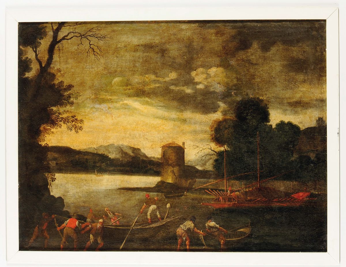 Antonio Travi, Detto il Sestri (genova 1608-1665)veduta Costiera con Pescatori Paesaggio con Torr...