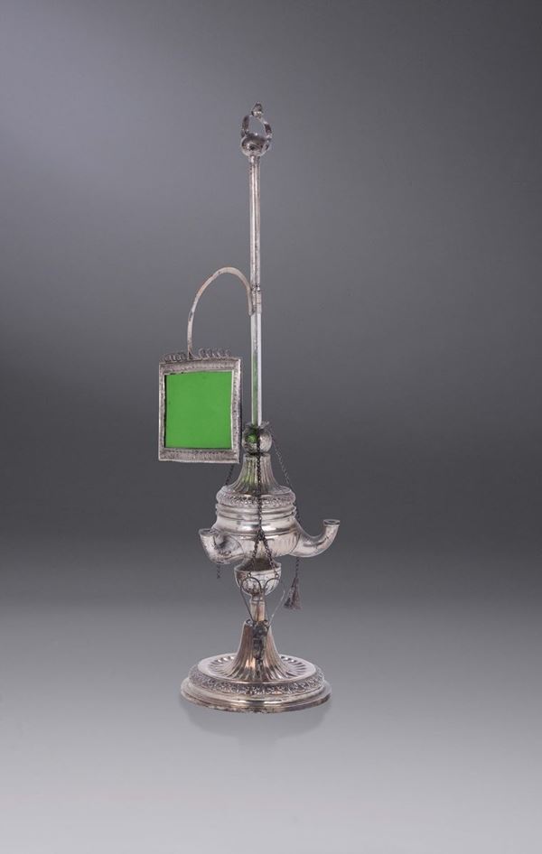 A silver oil lamp and coloured glass. Genoa, first half of the 19th century, mark used from 1824 to 1873 (coiled up dolphin) and title mark (crowned eagle with the Savoia coat of arms on its chest).