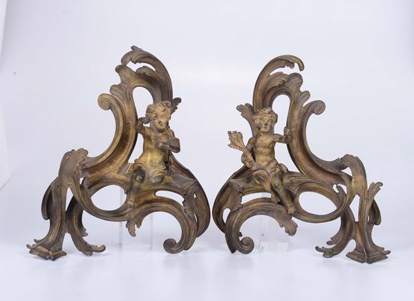 Coppia di alari in bronzo dorato, Francia, XIX secolo