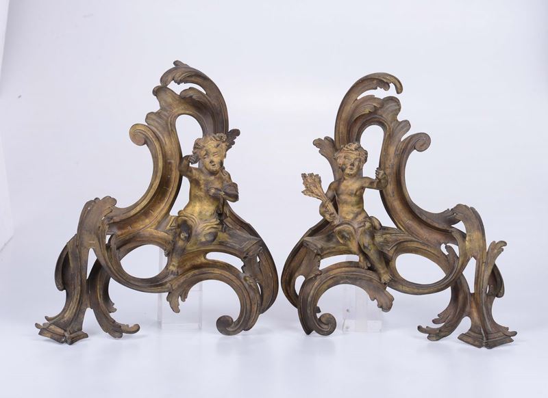 Coppia di alari in bronzo dorato, Francia, XIX secolo  - Auction Fine Art - Cambi Casa d'Aste