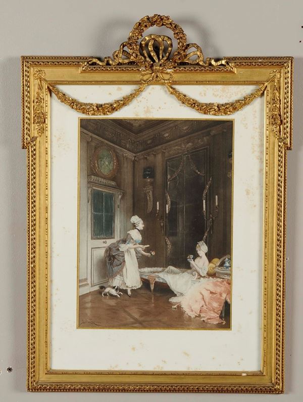 Coppia di stampe con scene galanti entro cornicette dorate