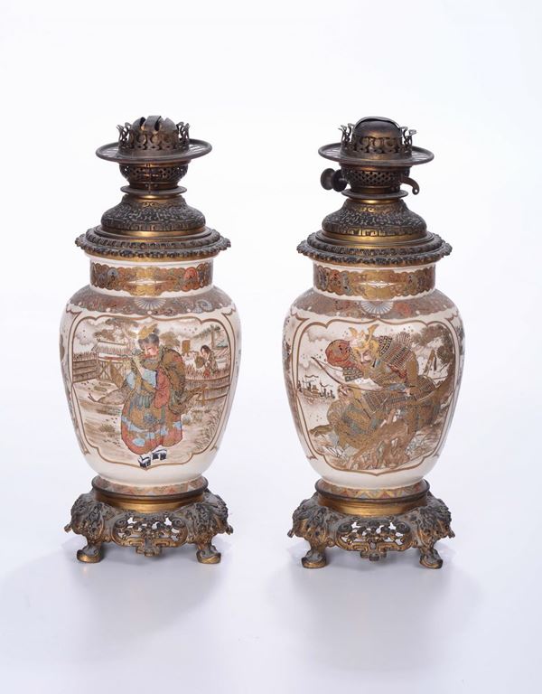 Coppia di vasi in porcellana Satsuma montati a lampada, Giappone, fine XIX secolo