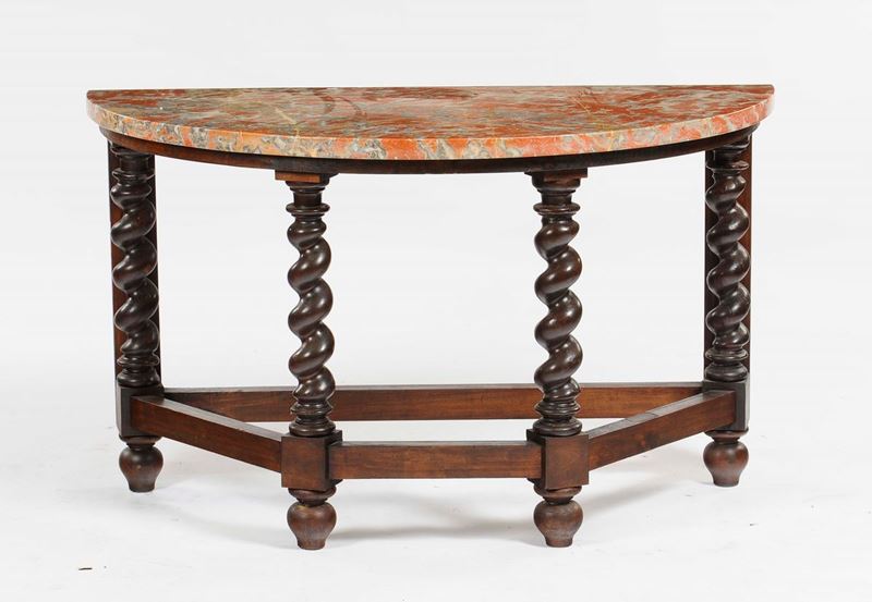 Tavolo console con piano in marmo e gambe in noce tornite, XIX/XX secolo  - Asta Antiquariato - Cambi Casa d'Aste
