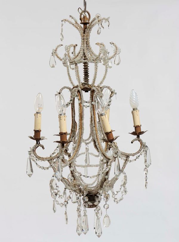 Lampadarietto a sei luci in metallo e cristalli, XIX secolo