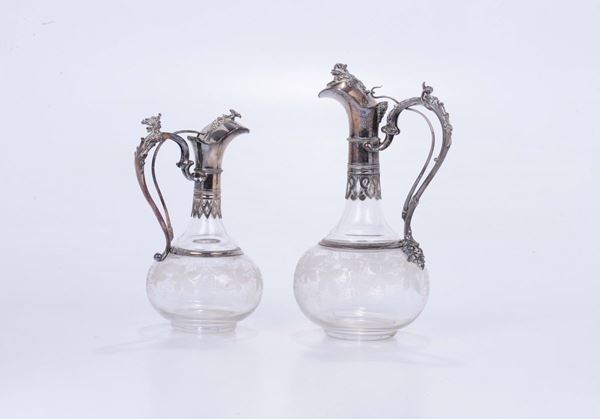 Due brocche in cristallo con montatura in argento