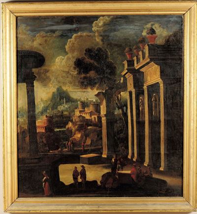 Scuola del XVII Secoloarchitettura con Paesaggio, Figure e Città sullo Sfondo