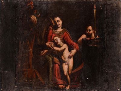 Bernardo Castello (1557-1629), Bottega Dimadonna con Bambino e Figure