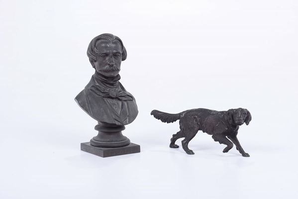 Busto maschile e cane in bronzo