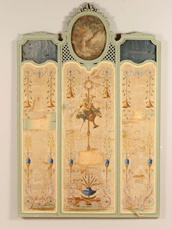 Piccolo paravento a tre ante decorato in policromia, XX secolo