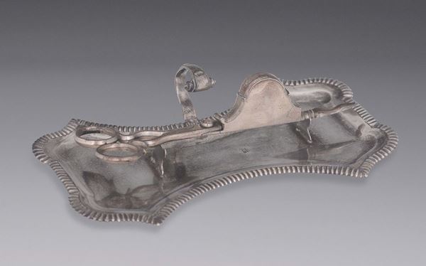 A silver tray with silver snuffer scissors, Genoa, 1739 Torretta mark.