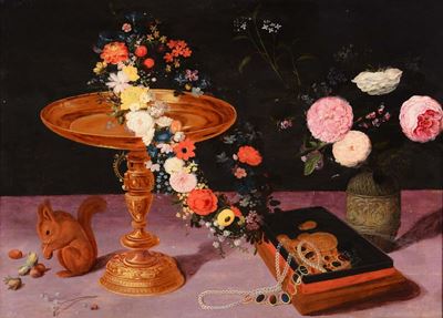 Jan II Breughel (anversa 1601-1678) Attribuito Anatura Morta con Alzata e Fiori in un Vaso