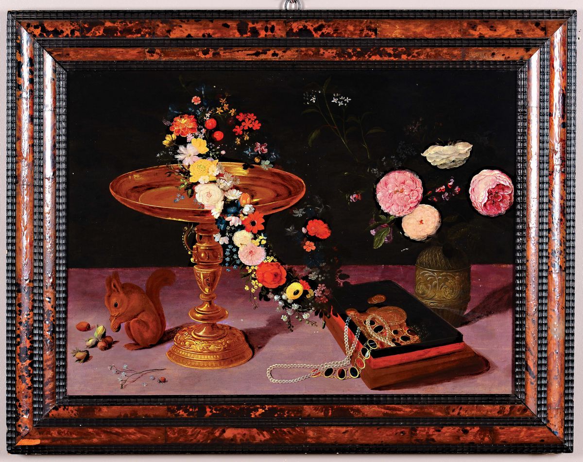 Jan II Breughel (anversa 1601-1678) Attribuito Anatura Morta con Alzata e Fiori in un Vaso