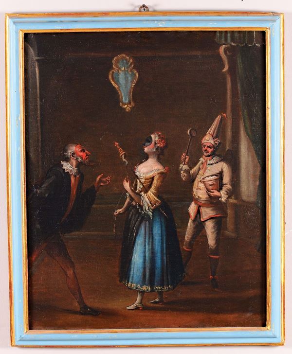 Scuola Veneziana del XVIII secolo Figure mascherate per il Carnevale di Venezia con Pantalone Donna che legge una lettera