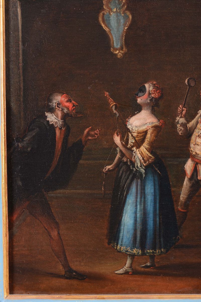 Scuola Veneziana del XVIII Secolofigure Mascherate per il Carnevale di Venezia con Pantalone Donn...