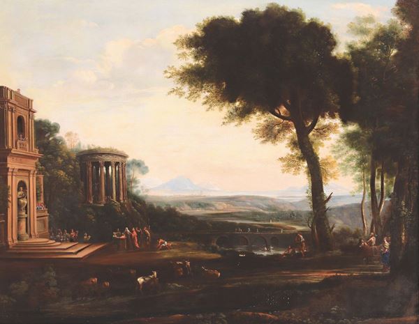 Claude Gellée (Chamagne 1600 – Roma 1682), detto Le Lorrain, nei modi di Paesaggio con figure facendo un sacrificio davanti un tempio