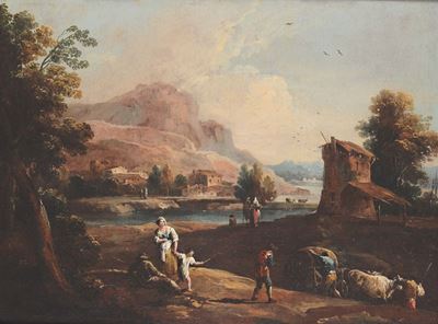 Giuseppe Zais (forno di Canale 1709 - Treviso 1784)paesaggio con Contadini e Bestiame Paesaggio c...