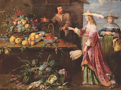 Adriaen Van Utrecht (anversa 1599 - 1652)giovane Donna al Mercato con Natura Morta di Frutti e Ve...