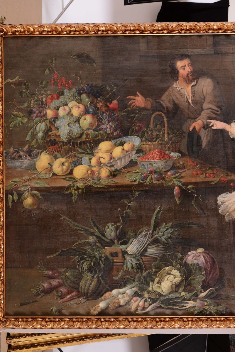 Adriaen Van Utrecht (anversa 1599 - 1652)giovane Donna al Mercato con Natura Morta di Frutti e Ve...