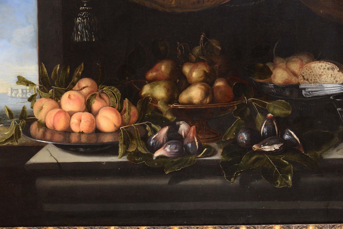Scuola Spagnola del XVII Secolonatura Morta con Pesche, Fichi ed Altri Frutti ed Oggetti Natura M...