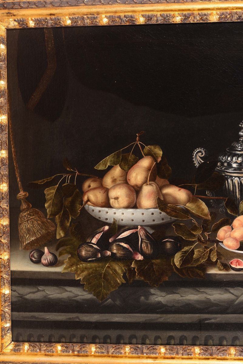 Scuola Spagnola del XVII Secolonatura Morta con Pesche, Fichi ed Altri Frutti ed Oggetti Natura M...