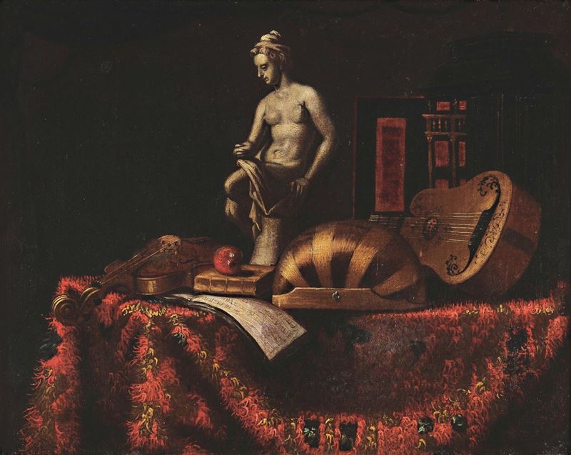 Bartolomeo Bettera (Bergamo 1639 - Milano 1668), cerchia di Natura morta con strumenti musicali e scultura  - Asta Dal piano nobile di Palazzo Corner Spinelli, Venezia - Cambi Casa d'Aste