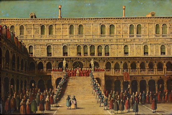 Scuola Veneta del XVIII secolo Cerimonia dogale all'interno del cortile di Palazzo ducale a Venezia Veduta di Piazza San Marco a Venezia