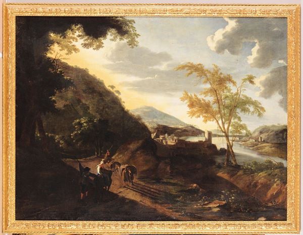 Flemish painter active in Italy during the 17th century Paesaggio con viandanti lungo un fiume