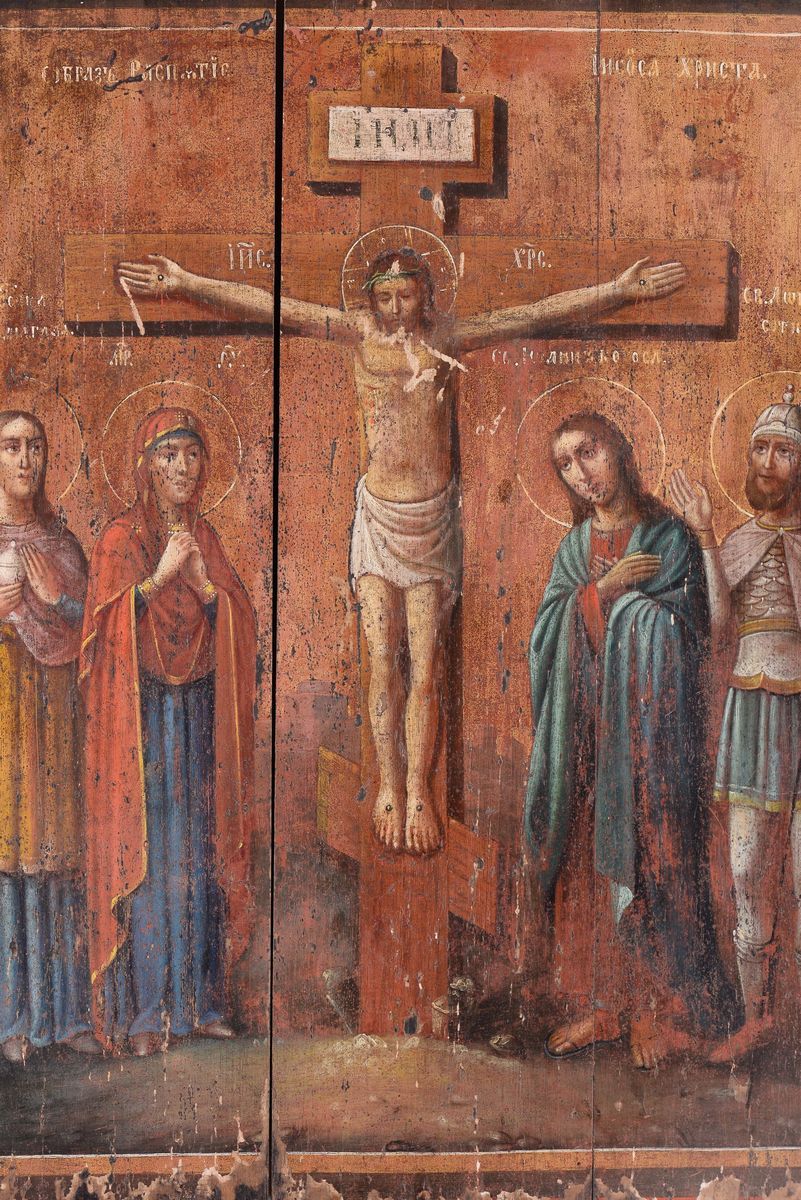Icona Raffigurante Crocifissione con Santi, Russia XIX Secolo
