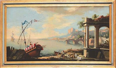 Nicola Viso (napoli 1724-1742) Attribuito Aveduta con Scena Costiera con Architetture Veduta con ...