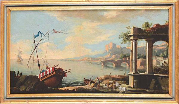 Nicola Viso (Napoli 1724-1742) attribuito a Veduta con scena costiera con architetture Veduta con scena costiera con veliero