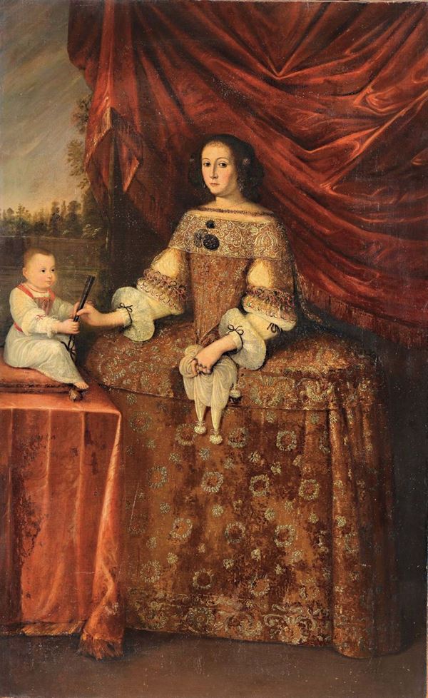 Scuola Spagnola del XVII secolo Ritratto di madre con bambino