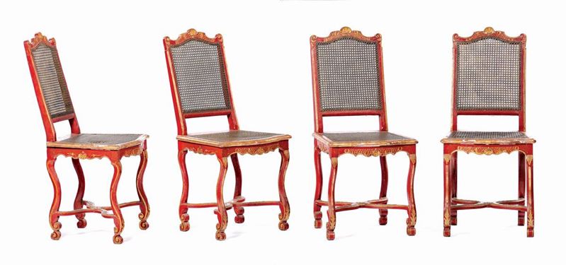 A set of four red and partially gilded laquered chairs, Northern Europe, 18th century  - Auction Furnishings from Palazzo Corner Spinelli in Venice - Cambi Casa d'Aste
