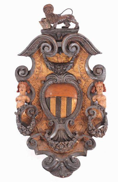 Grande Stemma Gentilizio in Legno Intagliato e Dorato , Venezia, XVII Secolo