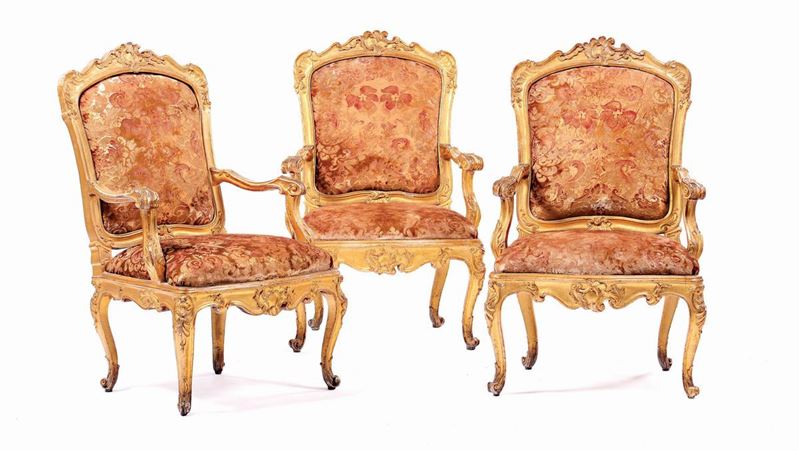 Three parcel-gilt Louis XV style armchairs, Venice, 18th century  - Auction Furnishings from Palazzo Corner Spinelli in Venice - Cambi Casa d'Aste