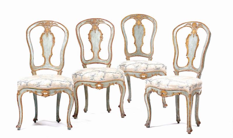 Four light blue laquered Louis XV style chairs, Venice, 18th century  - Auction Furnishings from Palazzo Corner Spinelli in Venice - Cambi Casa d'Aste