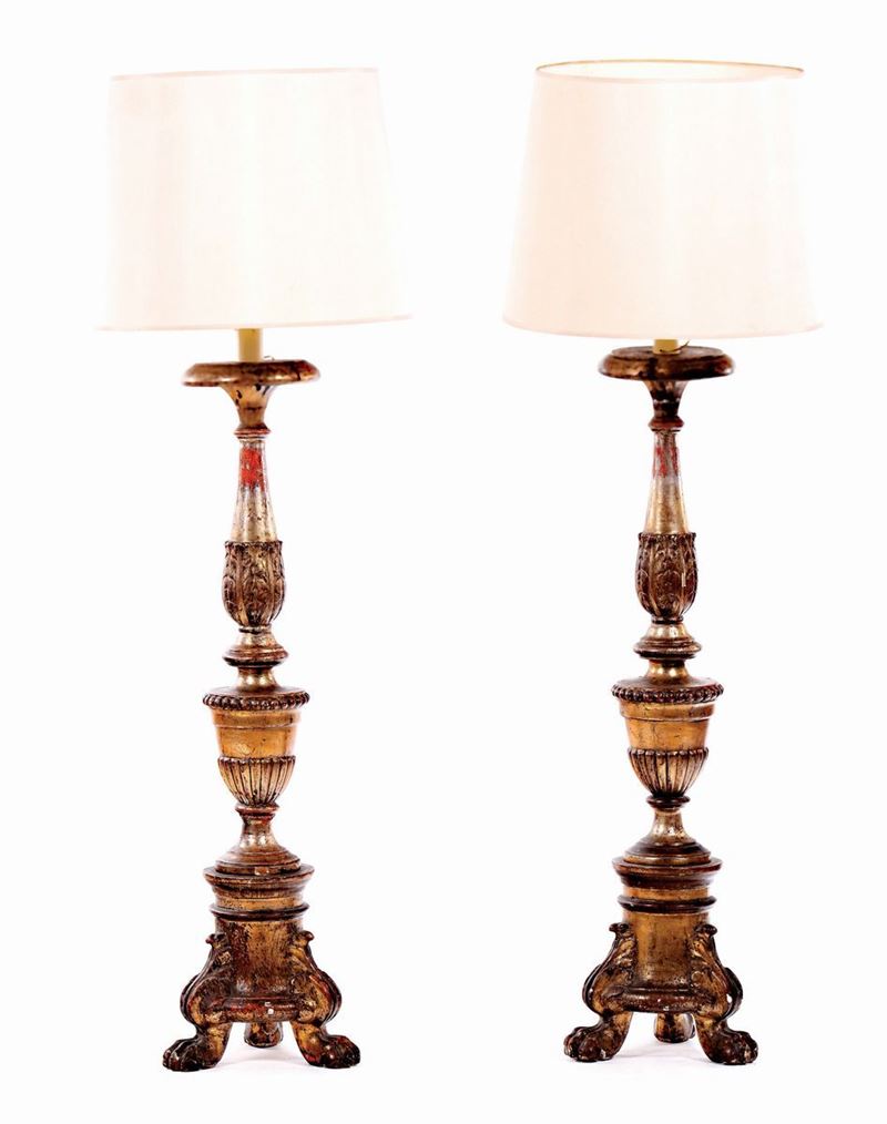 A pair of neoclassical silvered wooden candelstick lamps, early 19th century  - Auction Furnishings from Palazzo Corner Spinelli in Venice - Cambi Casa d'Aste