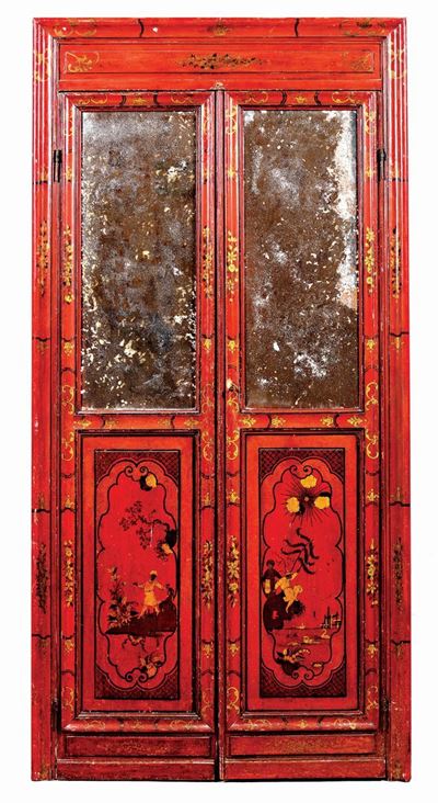 Porta a Due Ante Laccata a Fondo Rosso, Veneto XVIII Secolo