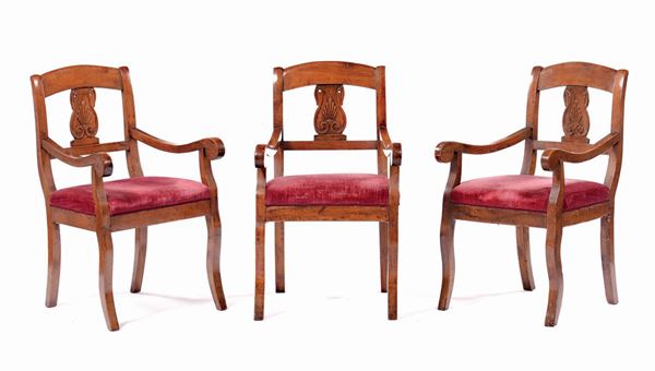 Three walnut chairs, 19th century
