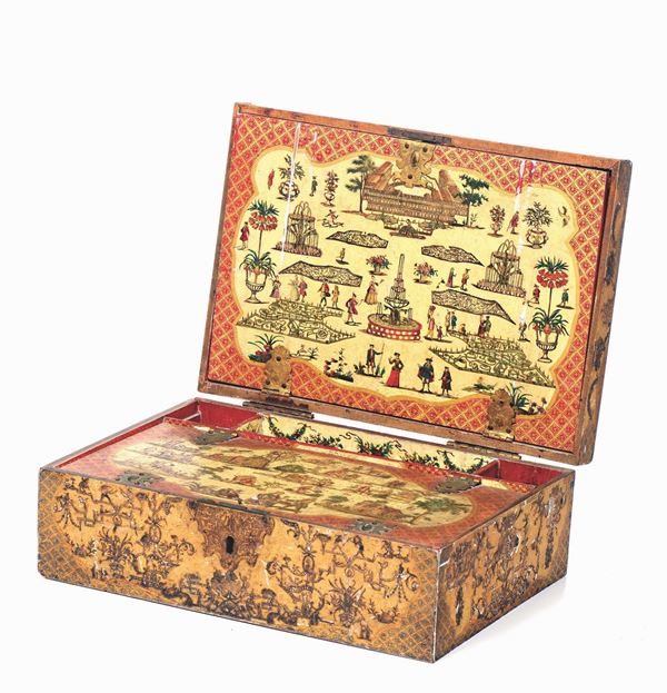 Grande scatola scrittoio Luigi XVI interamente decorata ad arte povera, Venezia fine XVIII secolo