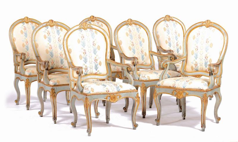 Seven blue and gold laquered Louis XV style armchairs, 18th century  - Auction Furnishings from Palazzo Corner Spinelli in Venice - Cambi Casa d'Aste