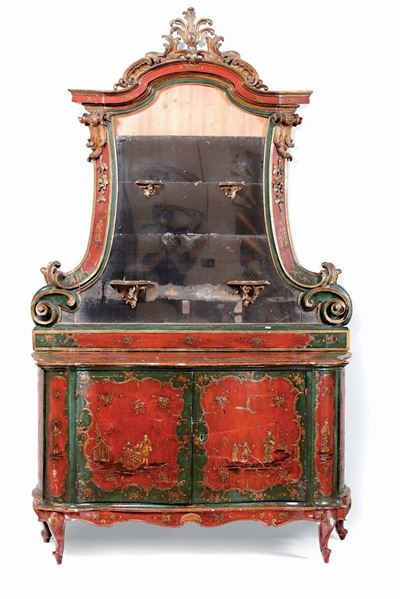 Credenza con Specchiera Laccata a Fondo Rosso e Verde a Chinoiserie, XVIII Secolo