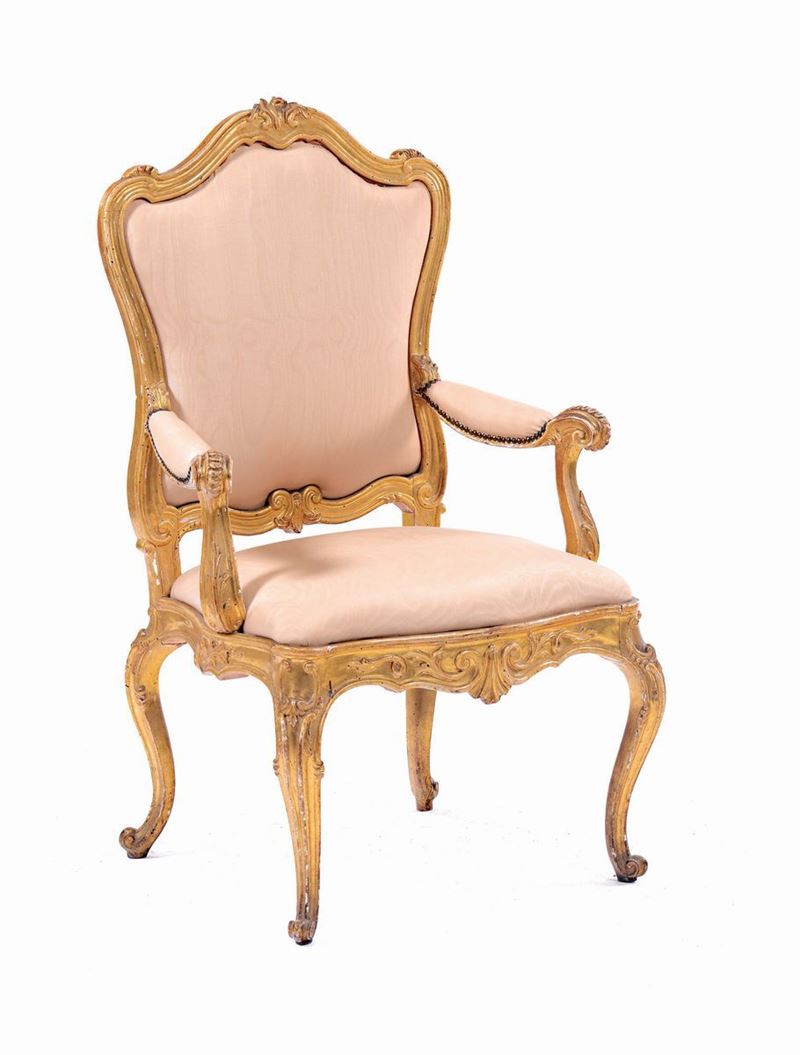 A gilt wood Louis XIV style armchair, Veneto, 18th century  - Auction Furnishings from Palazzo Corner Spinelli in Venice - Cambi Casa d'Aste