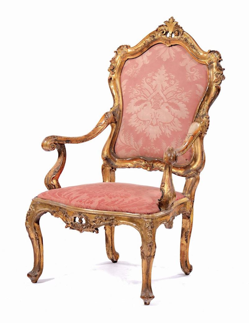 A gilt wood Louis XV style armchair, Veneto, 18th century  - Auction Furnishings from Palazzo Corner Spinelli in Venice - Cambi Casa d'Aste