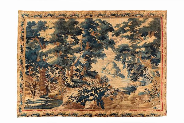 Arazzo fiammingo raffigurante paesaggio, XVII secolo