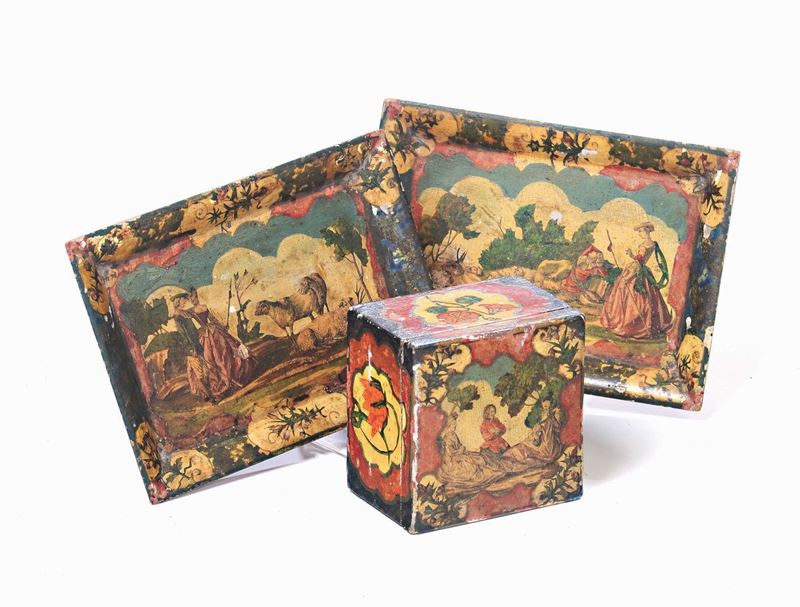 A small decorated box and two decorated small trays, Venice, 18th century  - Auction Furnishings from Palazzo Corner Spinelli in Venice - Cambi Casa d'Aste