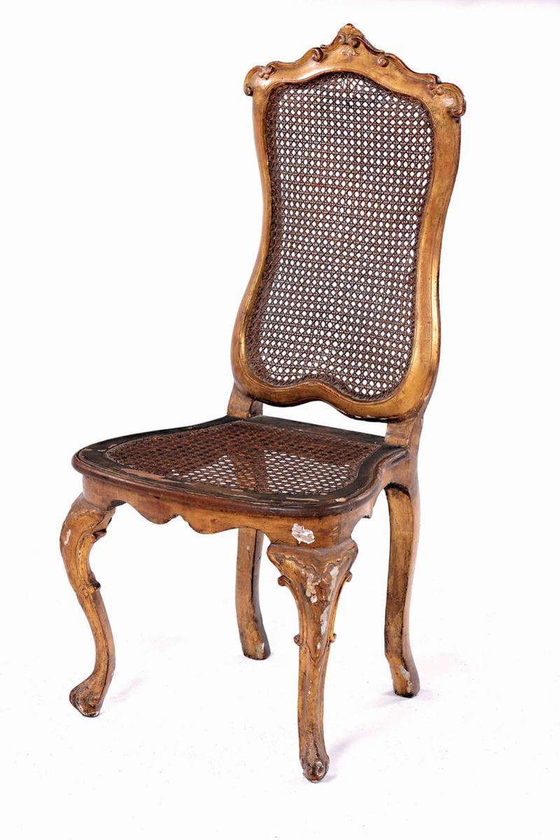 Sedia in legno dorato in stile veneziano  - Asta Dal piano nobile di Palazzo Corner Spinelli, Venezia - Cambi Casa d'Aste
